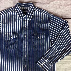 Vintage 1990s Wrangler Brushpopper Pinstripe Denim Pearl Snap Shirt
